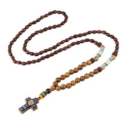 tenghong2021 Wooden Beaded Necklaces Vintage Handmade Nepal Mala Wood Beads Meditation Prayer Necklace Ethnic Long Statement Sweater Chain Necklace-B