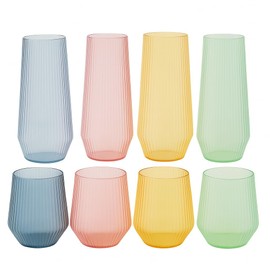 48 Pack Ribbed Origami Ripple Plastic Glasses 24 9oz Stemless Champagne Flutes & 24 12oz Cups BPA-Free, Disposable, Shatterproof Drinkware for Weddings, Bars, Events (Color Collection Ribbed)