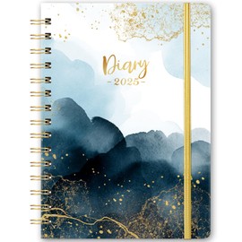 2025 Diary - A5 Diary 2025 Week to View from January to December 2025, Blue Black, Twin-Wire Binding, Hard Cover, Elastic Closure, 21.5 x 15.5 x 1.5 cm