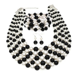 iSPECIAL Colorful Faux Pearl Jewelry Set for Women Layered Chunky Necklace, Earrings, and Bracelet Fashion Costume Jewelry Set (black/white necklace set)