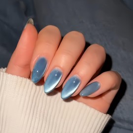 KQueenest Cat Eye Press on Nails Almond Shape, 30 Pcs Glitter Baby Blue Fake Nails Medium, Thick Sparkly Glass Nails Press on, Shiny Acrylic Nails, Cute Bling Stick on Nails for Women