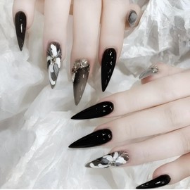 Rchovsam Long Almond Tip Press on Nails Dark Black Nails Press Ons Flowers Diamond Designs False Nails Full Cover Glossy Artificial Fake Nails Holiday Gift for Women 24pcs