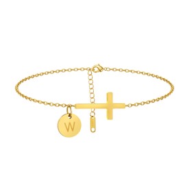 Jewigo Cross Bracelet for Women Dainty 18K Gold Plated Cross Initial Bracelets Simple Gold Letter Bracelet Confirmation Gift