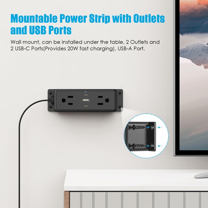 CCCEI Wall Mount Power Strip with USB Ports, Under Desk