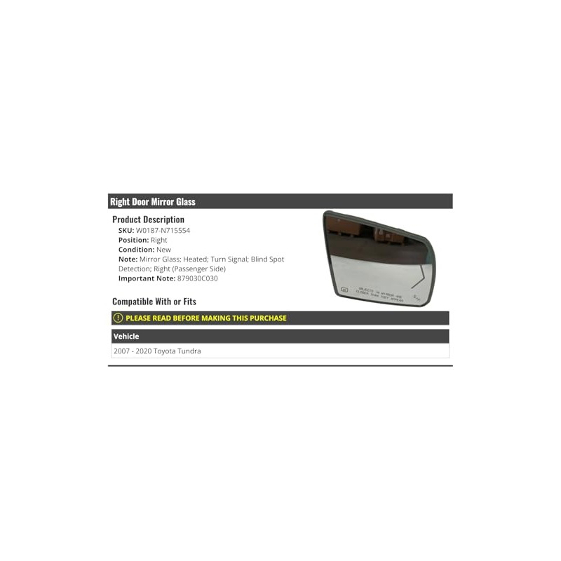 Right Passenger Side Door Mirror Glass - Heated, Turn Signal,