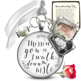 Bouquet Photo Charm For Wedding Day Memory Missing You As I Walk Down Aisle 2 Mini Picture Frames Silvertone Metal White Glass Pendant Bead Bridal Remembrance Gift for Bride Flowers DIY Template