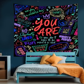 AMBZEK Kids Neon Inspirational Quotes Tapestry 51Hx59W Inch Boys Teens You are Motivational Positive Blacklight Glow Colorful Modern Cool Classroom Wall Hanging Bedroom Living Room Dorm Decor Fabric