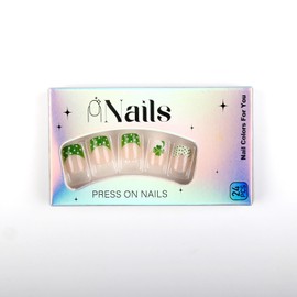 24Pcs St. Patrick's Day Press on Nails Shamrock French Lucky Clover Acrylic Nails Short Square False Nails French Nails Tip Stick on Nails Rhinestones St. Patrick's Day Artificial Nails for Women