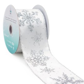 CT CRAFT LLC - Cinta de satén blanco con alambre de copo de nieve plateado, 6 cm x 10 yardas, color blanco y plateado