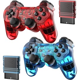 Degulan Wireless Controller Compatible with PS-2 Console, Remote Gamepad for Play 2 (ClearRed and ClearBlue)