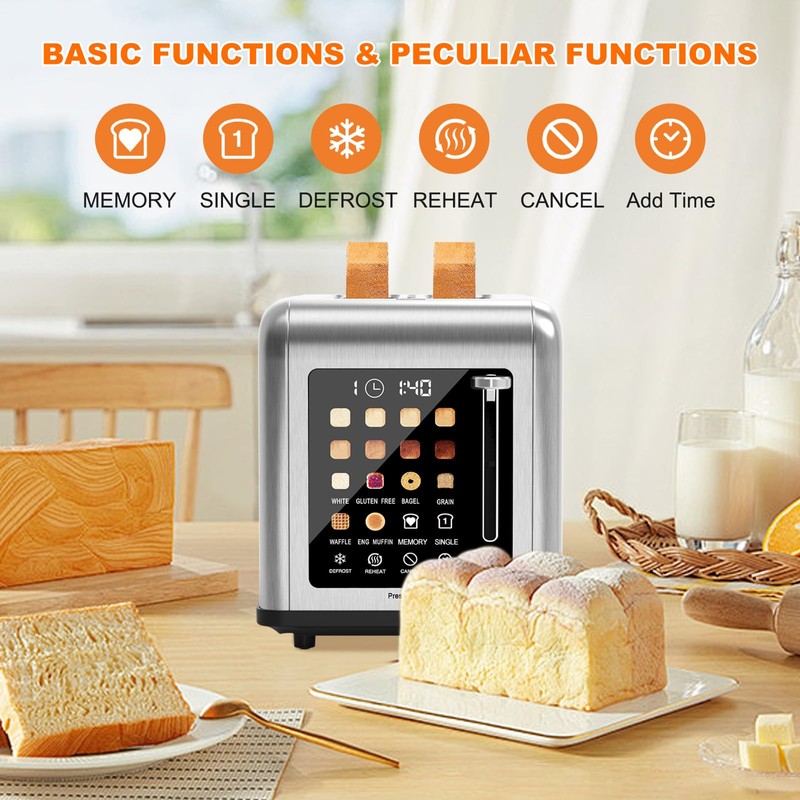 2 Slice Toaster Touch Screen, Stainless Steel Toasters Digital Timer