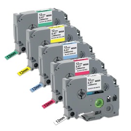 OLITY TCZ-231 Multi Color Label Tape Compatible with Brother P-Touch PT-H100 PT-E100 PT-D200, Black on Clear, 12mm 0.47 Inch, 8M per Tape, 5 Pack, White/Red/Blue/Yellow/Green