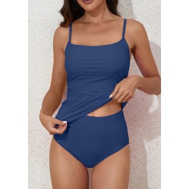 Eomenie - Traje de baño tankini para mujer, con control de abdomen, dos piezas, de cobertura completa, con parte inferior de cintura alta, Azul, Small