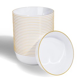 LCCFHTI 30 Pack 18oz White Plastic Bowls, Disposable Soup Bowls with Gold Rim Heavy Duty Salad Bowls for Party, Wedding