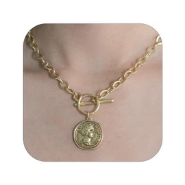 KKOXZ Chunky Gold Coin Pendant Necklace Trendy Layered Statement Chain for Women, Antique Toggle Design with Thick Link, Fashionable Necklaces for Women (Worn Gold)