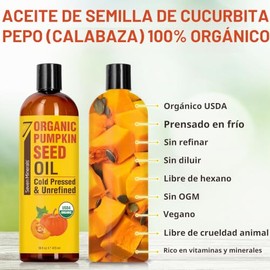 Seven Minerals- NUEVO aceite de semilla de calabaza para el crecimiento del cabello, el rostro y el cuerpo - Botella grande de 16 oz - USDA orgánico, 