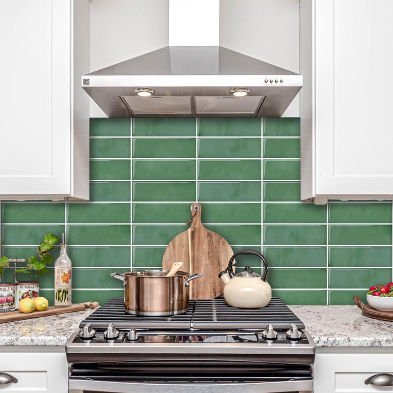 DEWOO Green Peel and Stick Backsplash Subway Wall Tile for
