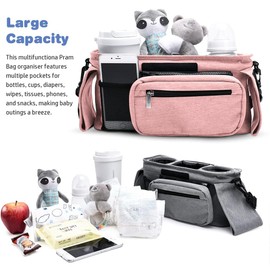 BLAZDEVE Baby Stroller Organizer with Insulated Cup Holder, Large Storage Space Stroller Bag with Detachable Phone Bag and Shoulder Strap for Uppababy, for Baby Jogger, for Britax (Pink)