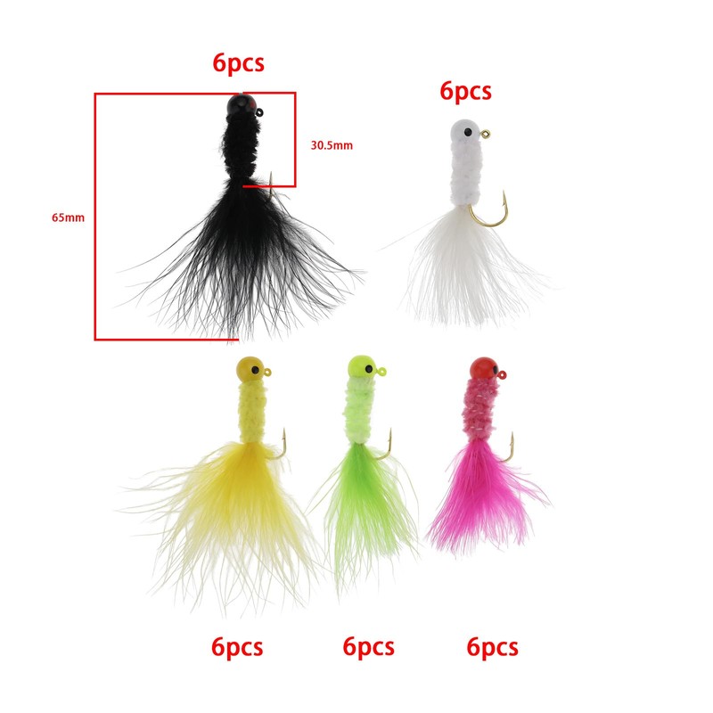 Briny River 30Pcs Feather Jig Head Hook Crappie Jigs Fishing