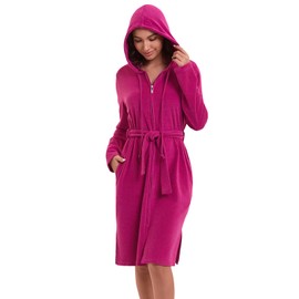 Mnamo Women's Bathrobe Hooded Zip Terry Cloth with Belt Soft Microfibre Long Sleeve Bathrobe Ideal for Home and Wellness, Berry Red