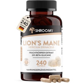 Lions Mane Mushroom Capsules - Pack of 240 - 40% Polysaccarides - 20% Beta Glucans - 1020 mg Lion Mane Mushroom Extract per Daily Dose - Vegan - German SHROOMY