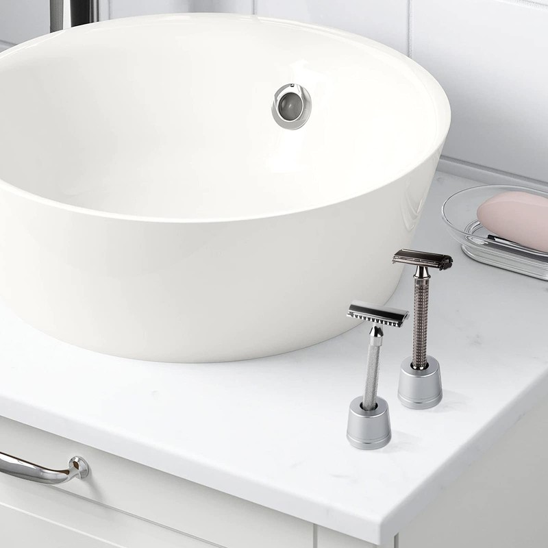 Linkidea 2 パック 安全カミソリ スタンド、男性用アルミニウム合金シェービング カミソリ ベース ホルダー、バスルーム カウンタートップ用手動カミソリ ホルダー