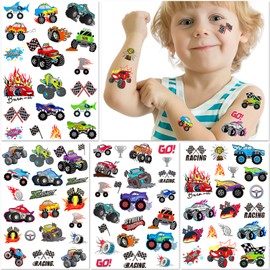 75 PCS Truck Temporary Tattoos for Kids Groovy Metallic Styles Tattoos for Truck Wheels Birthday Party Supplies Racing Car Checkered Flag Trophy Flame Fake Tattoo Stickers for Boys Girls