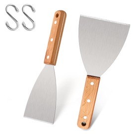Leonyo Grill Griddle Scraper Set of 2, Stainless Steel Metal Grill Scraper Tool for Flat Top Teppanyaki BBQ, Versatile Scraper for Dough Pancake Pizza Home Baking Cooking, Slant Edge & Wooden Handle