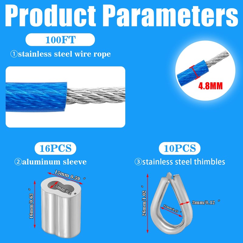 VIVBOO Stainless Steel Cable & Wire Rope 3/16" Vinyl Coated