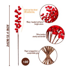 30 Pcs Christmas Red Berry Stems,13.4 Inch Artificial Red Berry Picks,Fake Berries Branch for Christmas Tree,Home Decor,Festival,Holiday,Wedding,DIY Crafts,Winter