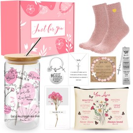 Christian Gifts for Women, Catholic Faith Spiritual Gift with 16 Oz Glass Cup Makeup Bag Socks Bracelet Necklace Bookmark Keychain, Inspirational Gift for Wife, Mom, Sister, Female (Christian Pink)