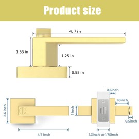 4 Pack Privacy Door Levers, Gold Flat Satin Brass Interior Door Handles for Bedroom or Bathroom, Keyless Heavy Duty Interior Door Knob, Finish Modern Design Door Hardware (4)