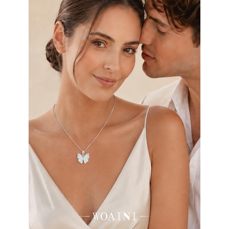 WOAINI Silver Butterfly Pendant Necklace for Women Opal Jewelry Gifts