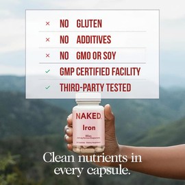 Naked Iron 65mg, 325mg Ferrous Bisglycinate - High Potency Iron Supplement for Iron Deficiency, Cellular Energy Support, Promotes Healthy Red Blood Cell Production, Non-GMO, Gluten-Free, 60 Capsules