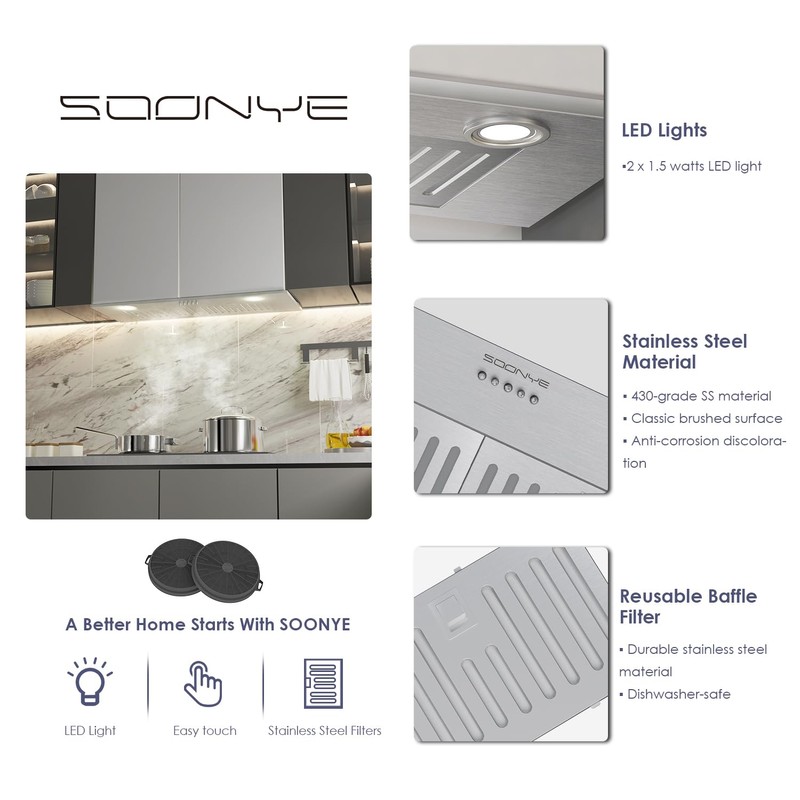 SOONEY 30 Inch Range Hood Insert, 600 CFM Convertible Ducted/Ductless
