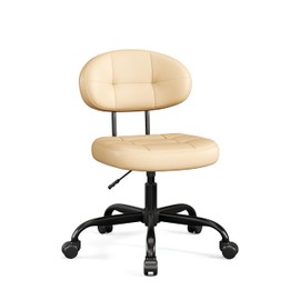 Misolant Vanity Chair with Back, Small Armless Cute Office Chair with Wheels and Lumbar Support, Comfy PU Leather Desk Computer Chairs with Adjustable Height, 360° Swivel for Home Bedroom, Khaki