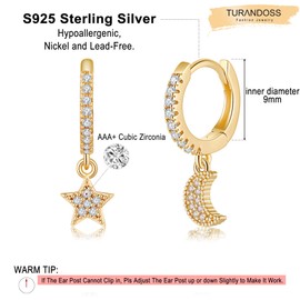 S925 Sterling Silver Post Huggie Hoop Earrings, 14K Gold Plated Dangle Small Hoop Cuff Earring Hypoallergenic Dainty Cubic Zirconia Snake Ball Spike Evil Eye Moon Star Huggie Hoop Earrings, Metal