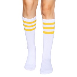 Henwarry Over the Calf Tube Socks Classic Triple Stripes Cotton Retro Athletic Socks for Men and Women (A05-Yellow/White)