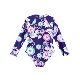 Century Star Girls Long Sleeve Swimsuit Toddler Kids Teen Rash Guard One Piece Bathing Suit Cute Swimwear UPF50+ Zipper 2-15 Years Blue Flower 10-11 Years