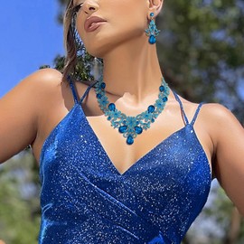 BriLove Women's Costume Elegant Crystal Flower Scroll Teardrop Statement Necklace Dangle Earrings Set Blue Topaz Color Gold-Toned