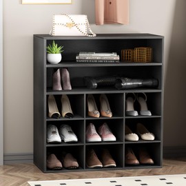 Garden 4 you Shoe Rack Organizer, 5-Tier Wood Cubby Shoe Rack with 2 Storage Shelf and 9 Cubbies, Shoe Organizer Cabinet for Entryway, Hallway, Closet and Garage,Black