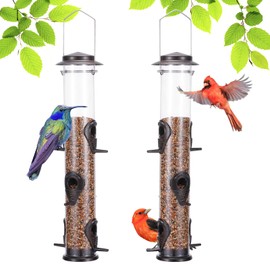 MIXXIDEA 2PK Metal Wild Bird Feeder Squirrel Proof Bird Feeders for Outside Hanging 6 Port Tube Bird Feeder Transparent Finch Feeder with Steel Hanger (Coffee)