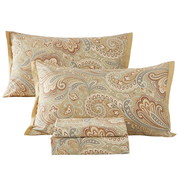 ABREEZE Luxury Bedding 100% Pure Natural Cotton Sheet Sets - 4Pc Gold Paisley Bedding Set Queen Sheets, Hotel Quality Fits Mattress 17.7'' Deep Pocket
