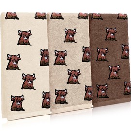 CroBlissful 3 Pieces Highland Cow Hand Towels for Bathroom 3D Embroidered Farmhouse Absorbent Hand Towels 100% Cotton Bathroom Decor for Kitchen, 29. 5 x 13. 7 Inch(Light Color,Highland Cow)