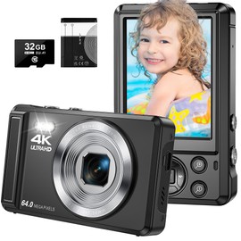 Digital Camera, 4K 64MP Compact Camera with 32GB Card 16X Digital Zoom 2.4 Inch Large Screen Camera Digital Camera for Children Beginners Teenagers (Black)