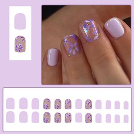 Spring Purple Flower Press On Nails Short Square Glitter Nails Press Ons Full Cover False Nails With Flower Designs Artificial Acrylic Nails Glossy Glue On Nails Stick On Nails For Women Girls