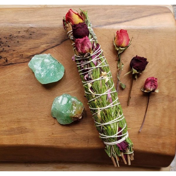 TRANSFORM Smoke Cleansing Wand, Rosemary, Cinnamon, Marjoram, Green Calcite