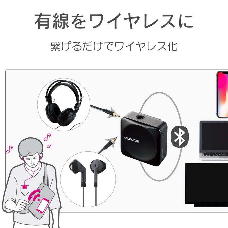 Elecom LBT-PAR01AVBK Bluetooth Audio Receiver, Easy Wireless Earphones, Square Type,