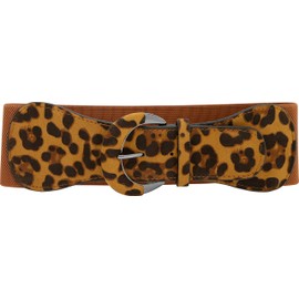 BlackButterfly Wide PU Elastic Stretchy Buckle Waist Belt, Brown - Leopard Print