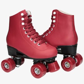Wiwiy Roller Skates for Women Men,with Leather High Top Four Shiny Wheel Roller Skates Wine Red, for Beginner Indoor Outdoor(Women's 7 / Men's 6)